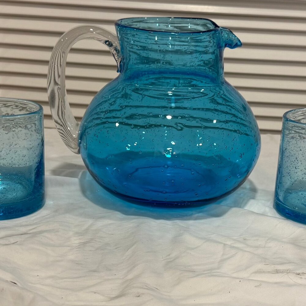 Artland Iris 90oz Handblown Glass Pitcher Turquoise w/ 4 Double Old Fashioned
